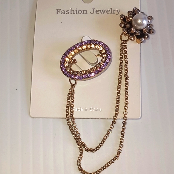 Tanzanite & Pearl Rhinestoned Chain Brooch - Picture 2 of 11